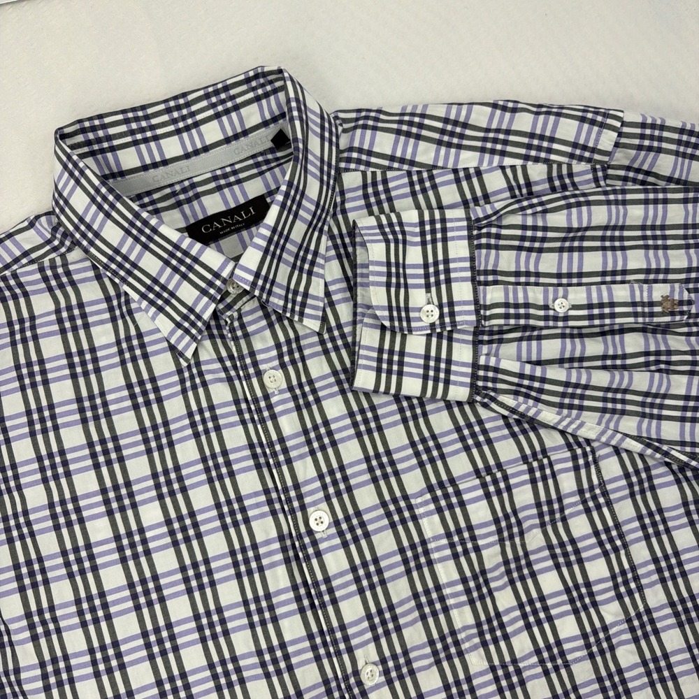 CANALI Button Down Plaid XXL 100% Cotton Long Sleeve Shirt Check Made In Italy